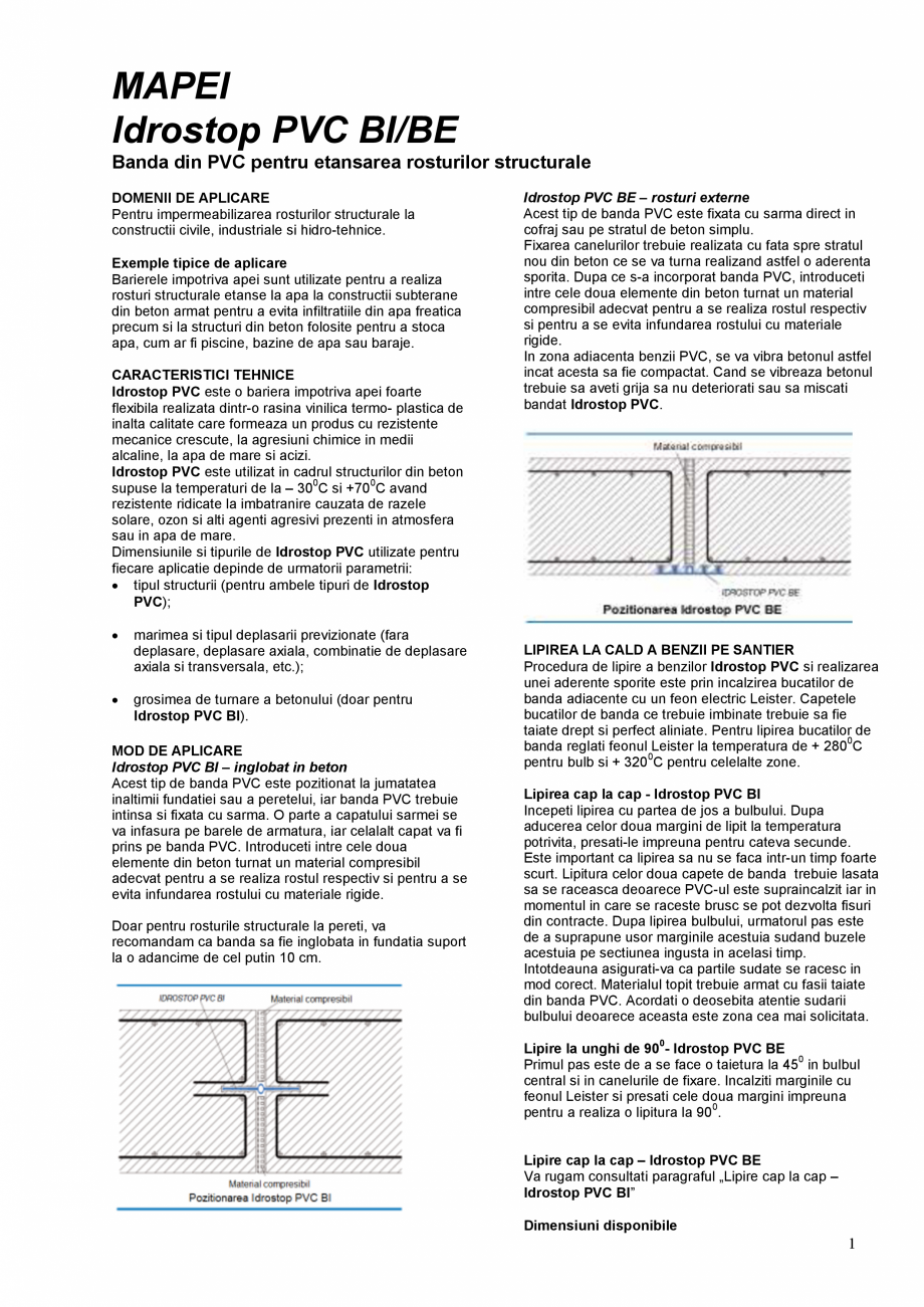 Pagina 1-Banda din PVC pentru etansarea rosturilor structurale MAPEI IDROSTOP PVC BI BE Fisa tehnica Romana...