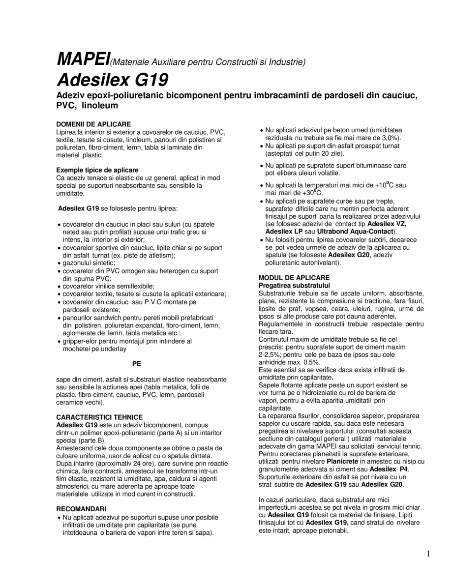 Pagina 1-Adeziv epoxi-poliuretanic bicomponent pentru imbracaminti de pardoseli din cauciuc, PVC, linoleum...