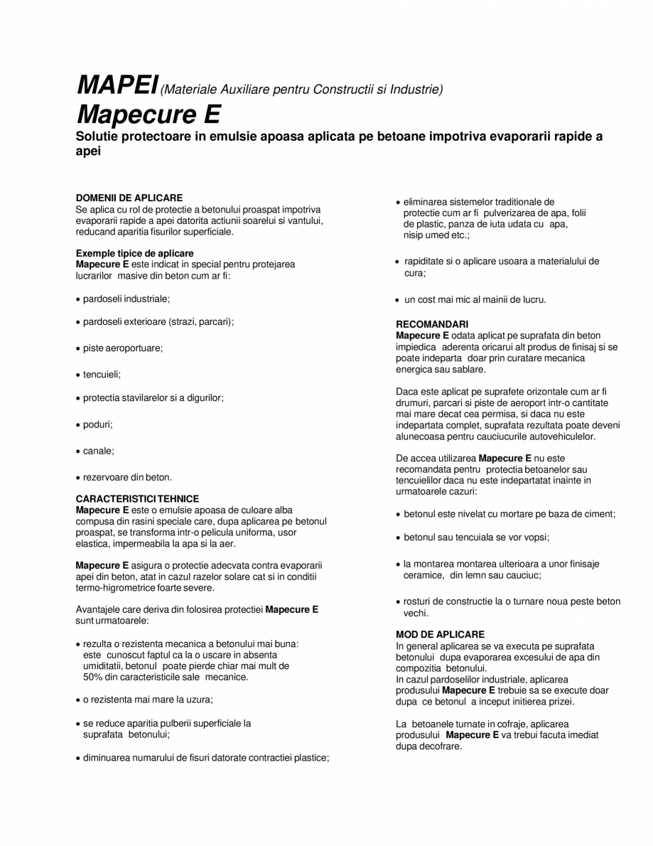 Pagina 1-Solutie protectoare in emulsie apoasa aplicata pe betoane impotriva evaporarii rapide a apei MAPEI...