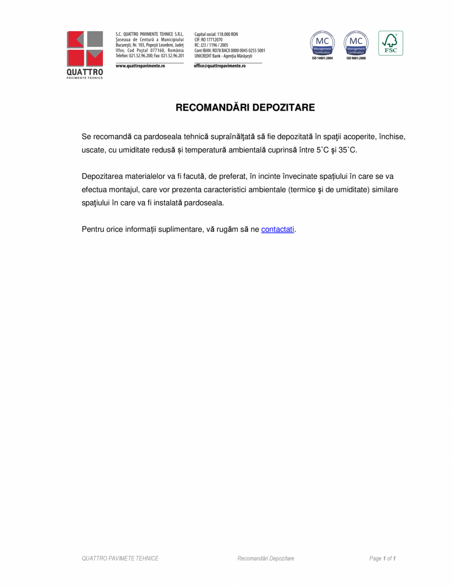 Pagina 1-Instructiuni depozitare QUATTRO Panou din sulfat de calciu Instructiuni montaj, utilizare Romana...