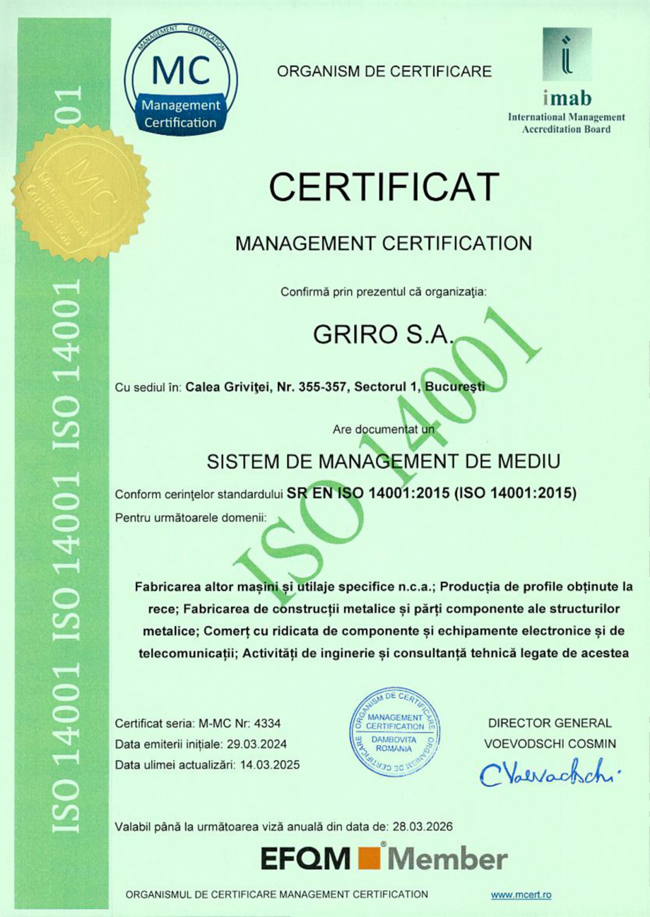 Pagina 1-Certificare - Sistem de management de mediu SR EN ISO 14001:2015  Certificare produs Romana 