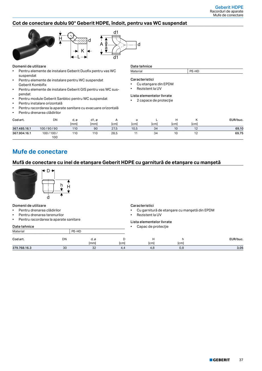 Pagina 36-Catalog GEBERIT - Sisteme de tevi - 2022  Catalog, brosura Romana ă de curăţare 45° Geberit HDPE...