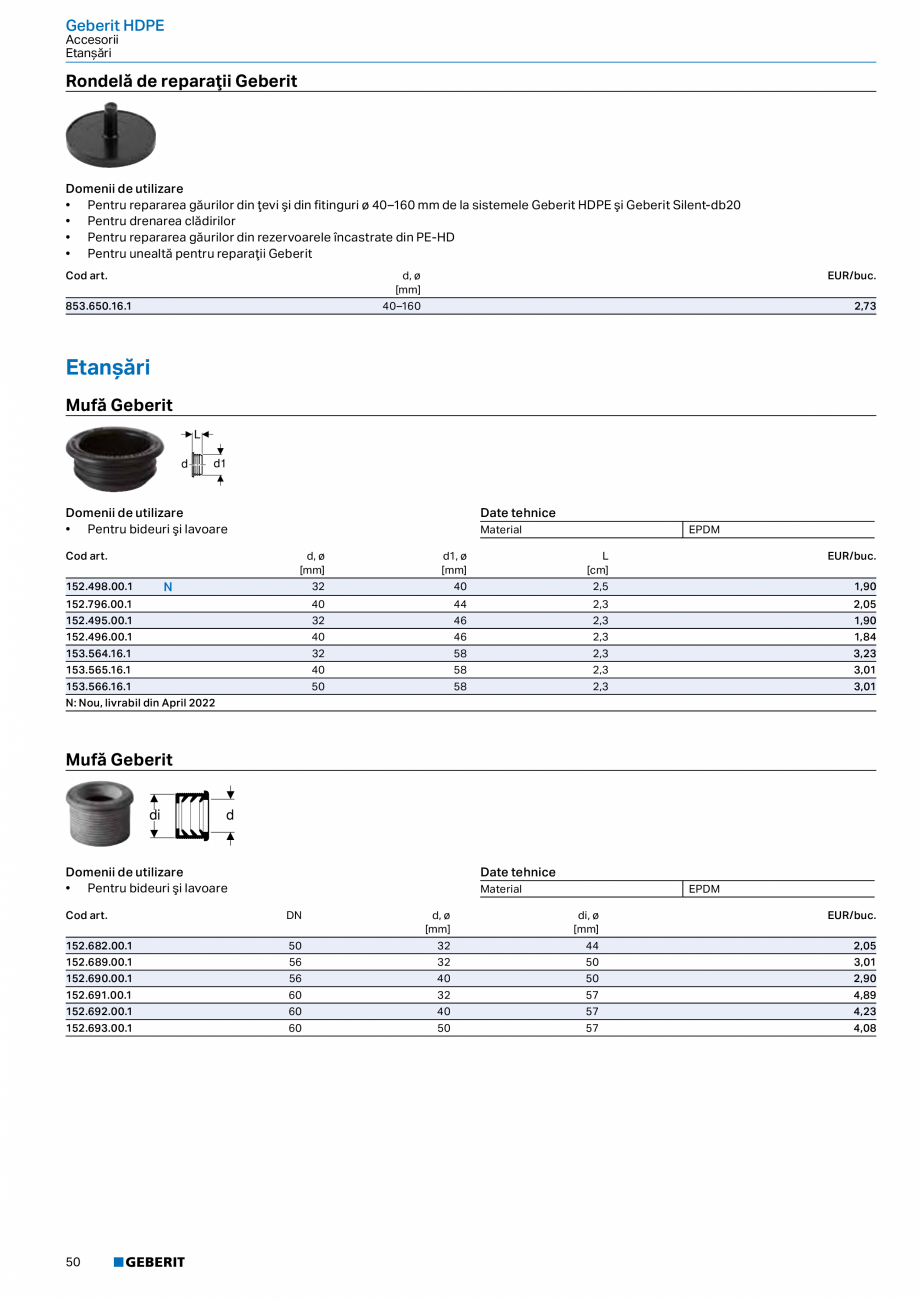 Pagina 49-Catalog GEBERIT - Sisteme de tevi - 2022  Catalog, brosura Romana  Piuliţă din PP
• Inel de...