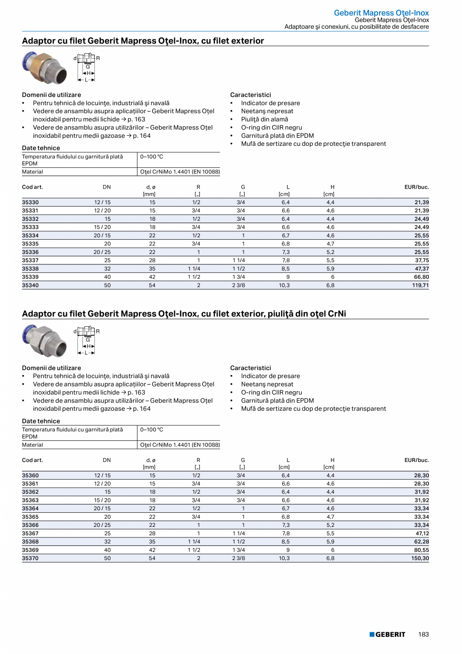 Pagina 182-Catalog GEBERIT - Sisteme de tevi - 2022  Catalog, brosura Romana e prindere cu reducţie Geberit
E
...