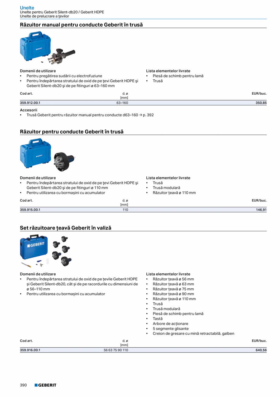 Pagina 389-Catalog GEBERIT - Sisteme de tevi - 2022  Catalog, brosura Romana 
• Vedere de ansamblu asupra...