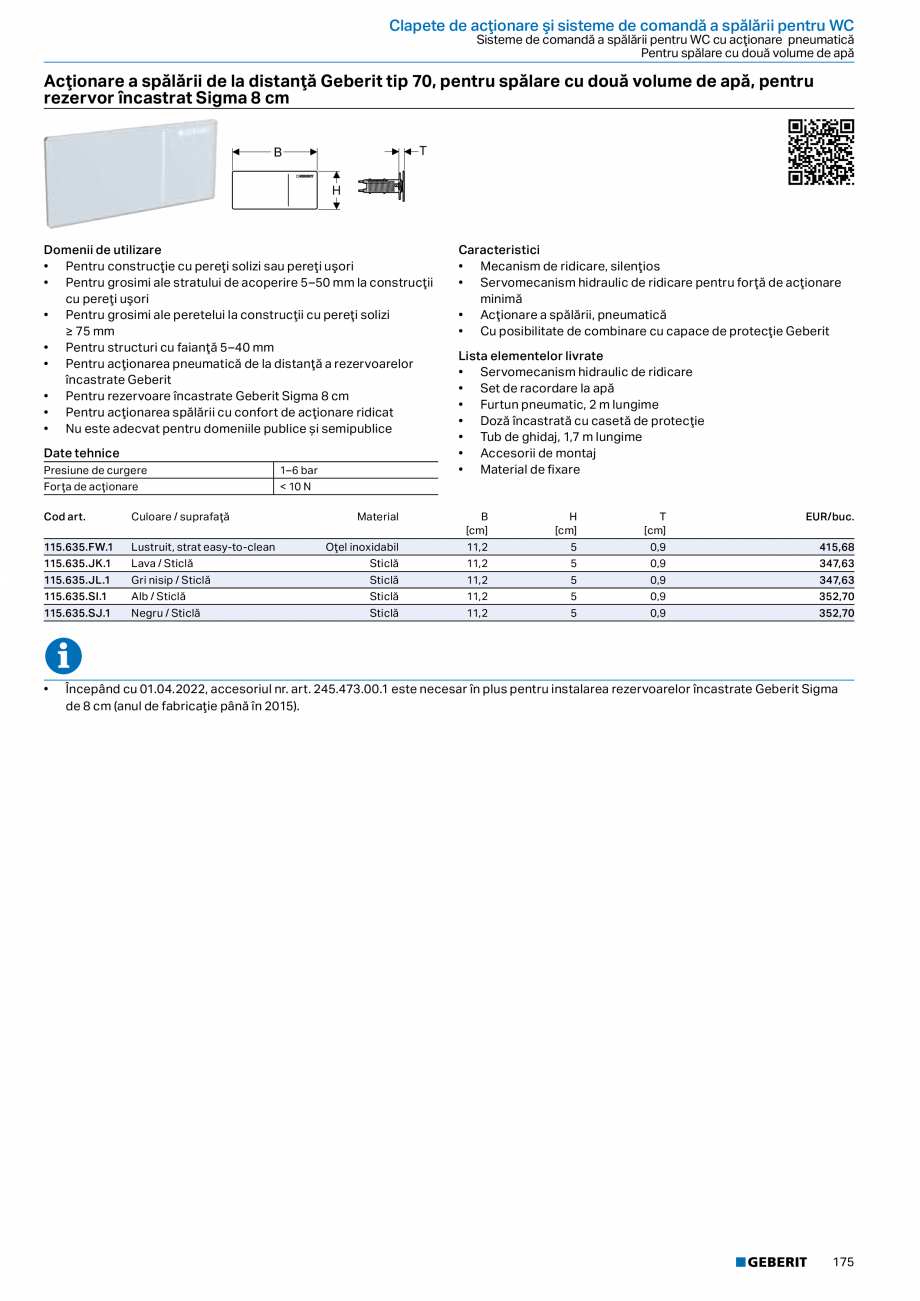 Pagina 174-Catalog GEBERIT - Sisteme sanitare - 2022  Catalog, brosura Romana icate la înălţimea piesei
• ...