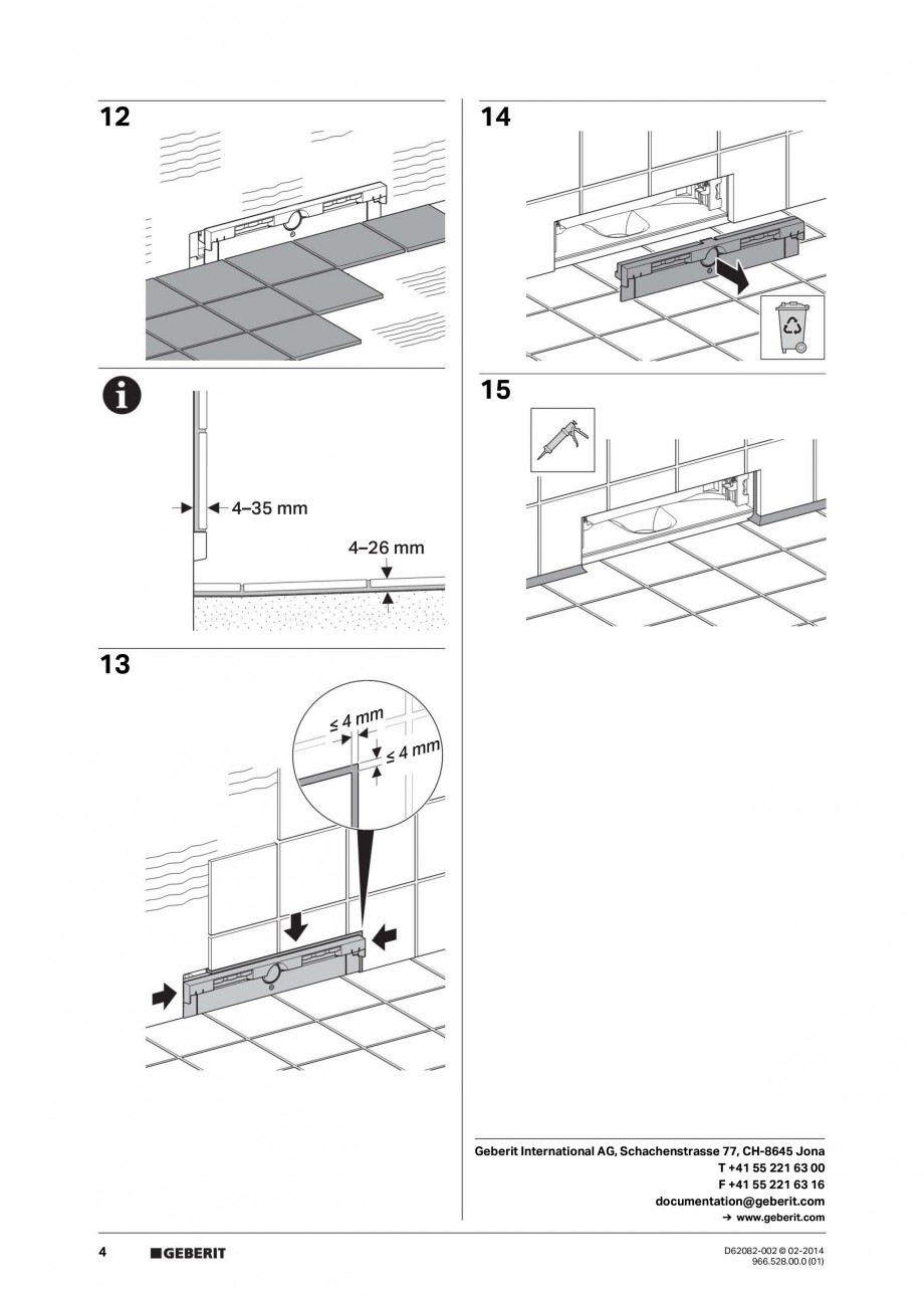 Pagina 4-Capac rigola de scurgere in perete pentru dus GEBERIT Instructiuni montaj, utilizare Engleza,...