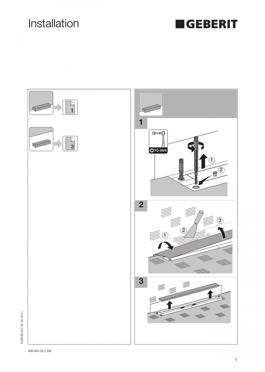 Pagina 1-Capac rigola liniara pentru dus GEBERIT Scurgere in pardoseala Instructiuni montaj, utilizare...