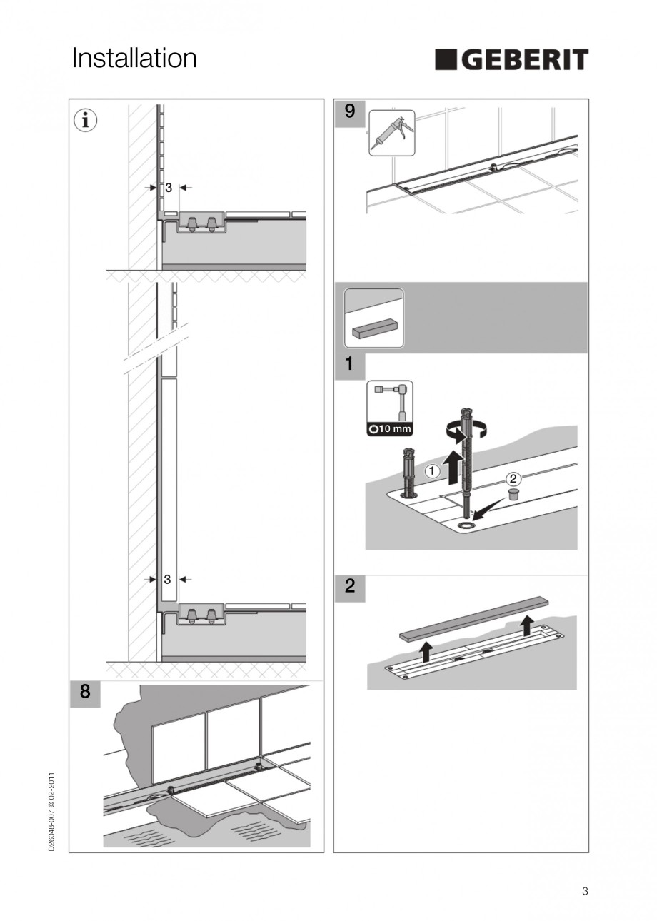 Pagina 3-Capac rigola liniara pentru dus GEBERIT Scurgere in pardoseala Instructiuni montaj, utilizare...