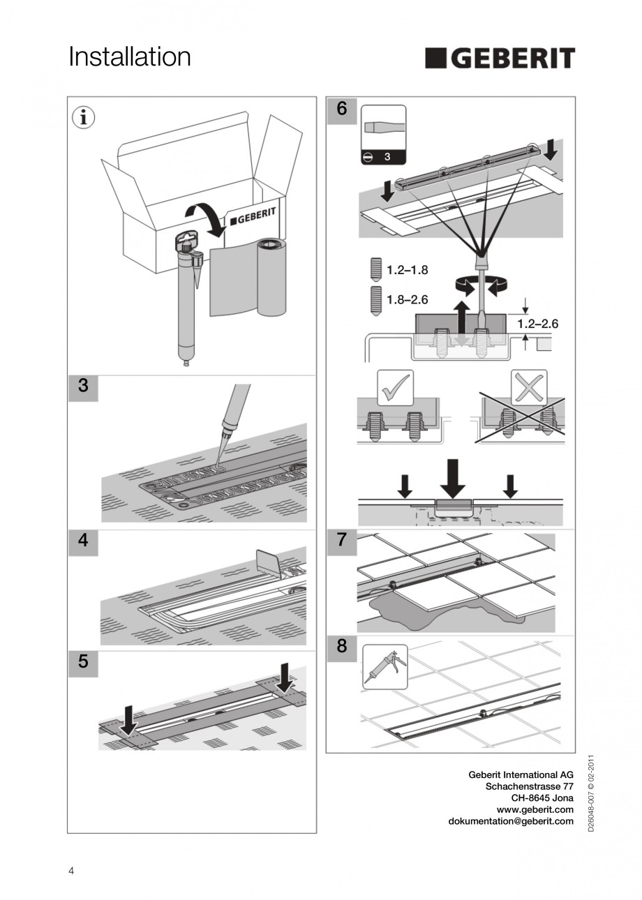 Pagina 4-Capac rigola liniara pentru dus GEBERIT Scurgere in pardoseala Instructiuni montaj, utilizare...