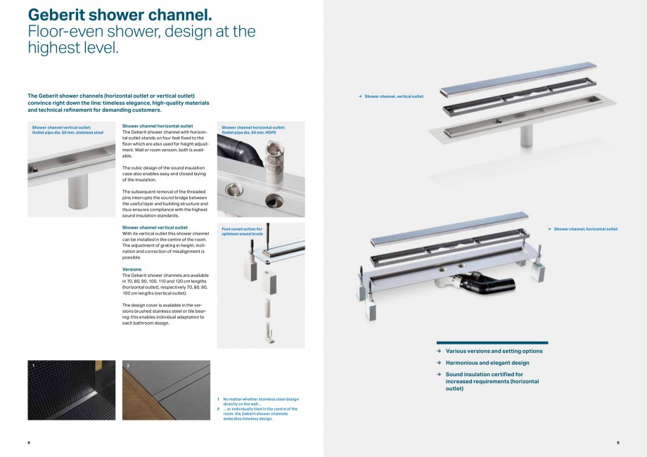 Pagina 5-Rigole si scurgeri de dus GEBERIT Scurgere in pardoseala Catalog, brosura Engleza ucture and
thus...