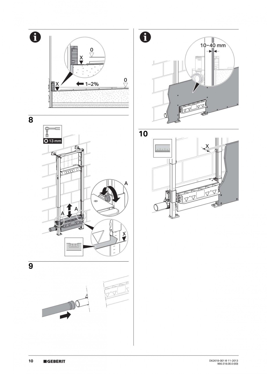 Pagina 10-Instructiuni montaj pentru rigola de scurgere in perete pentru dus GEBERIT Instructiuni montaj,...