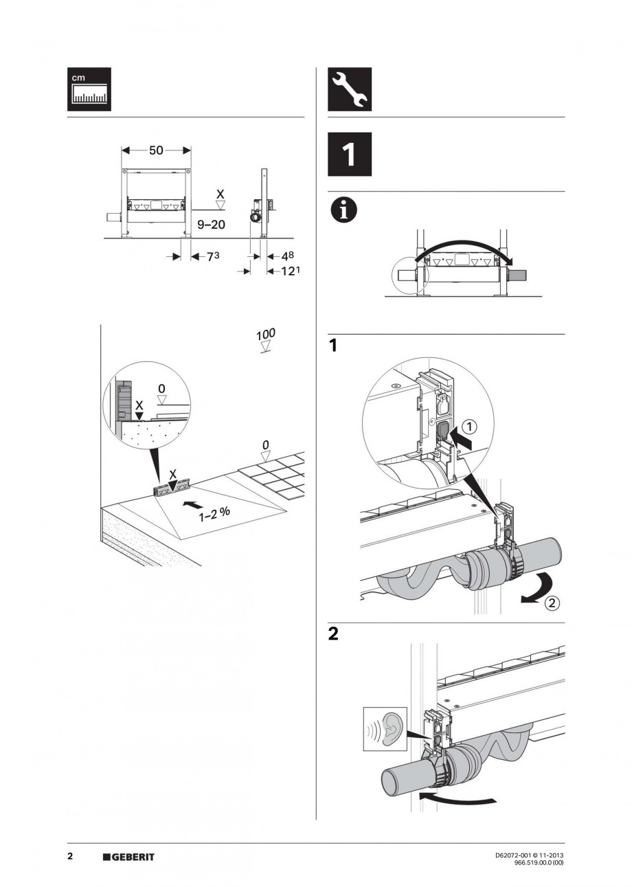 Pagina 2 - Rigola de scurgere in perete pentru dus GEBERIT Instructiuni montaj, utilizare Engleza,...