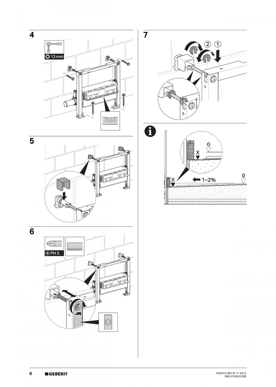 Pagina 8-Rigola de scurgere in perete pentru dus GEBERIT Instructiuni montaj, utilizare Engleza, Franceza,...
