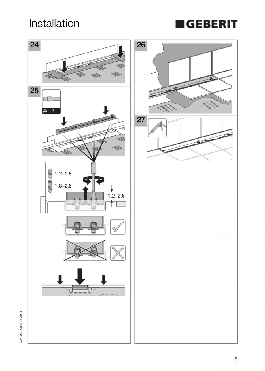 Pagina 5-Rigola liniara pentru dus - montaj la perete GEBERIT Scurgere in pardoseala Instructiuni montaj,...