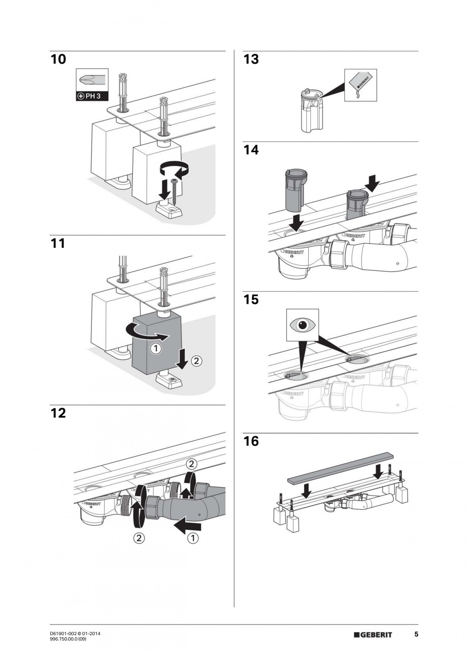 Pagina 5-Rigola liniara pentru dus - montaj pe mijloc GEBERIT Scurgere in pardoseala Instructiuni montaj,...