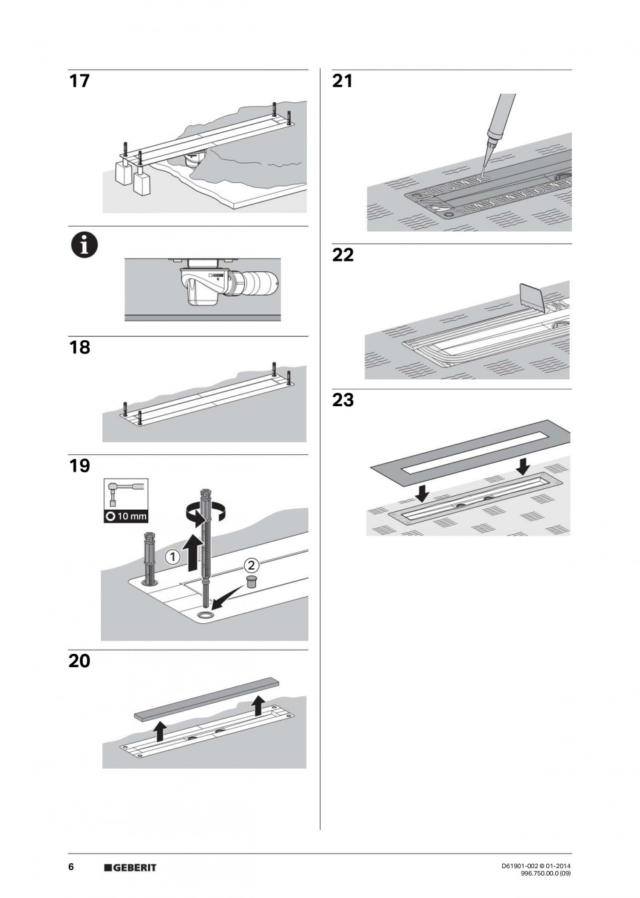 Pagina 6-Rigola liniara pentru dus - montaj pe mijloc GEBERIT Scurgere in pardoseala Instructiuni montaj,...