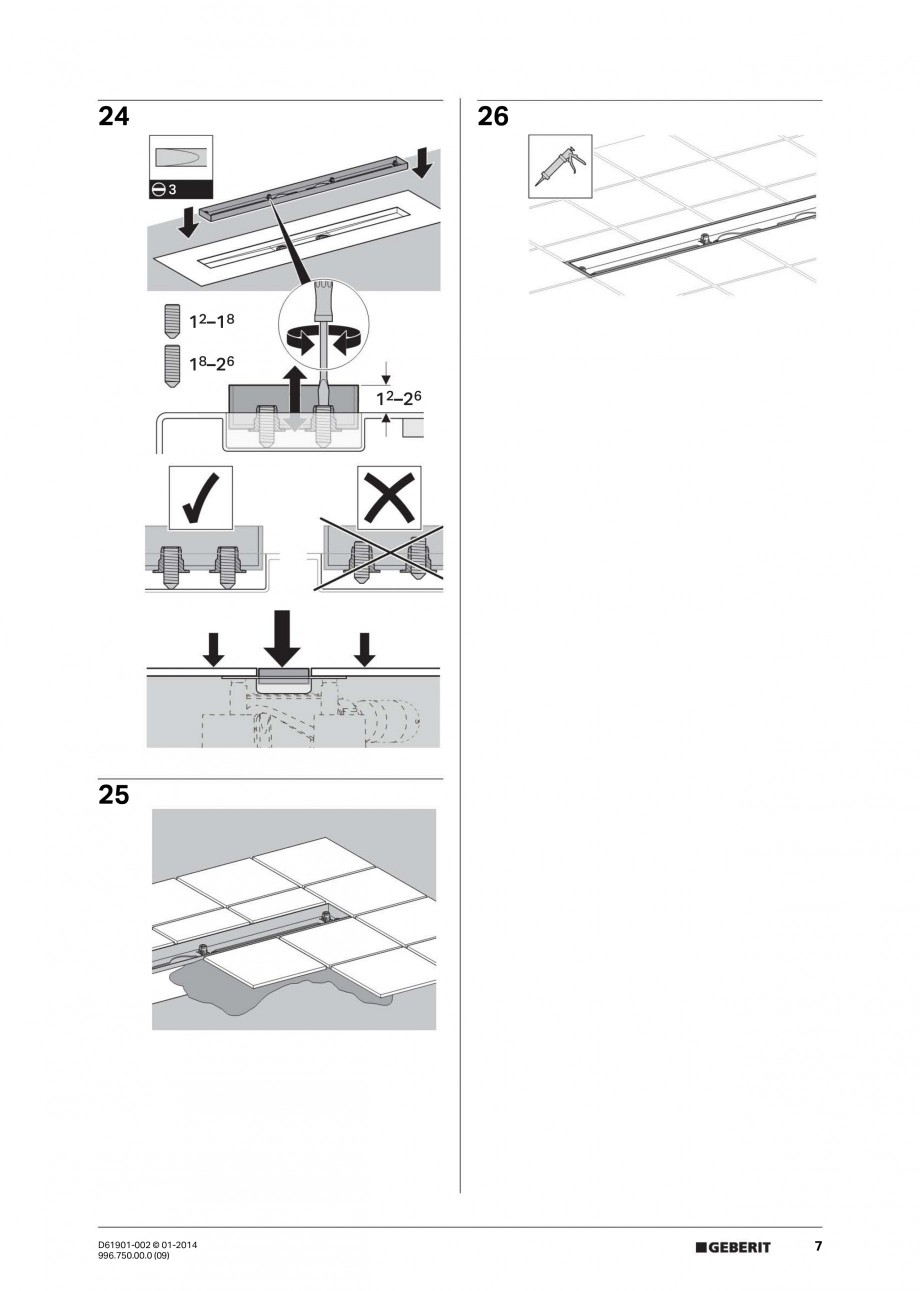 Pagina 7-Rigola liniara pentru dus - montaj pe mijloc GEBERIT Scurgere in pardoseala Instructiuni montaj,...