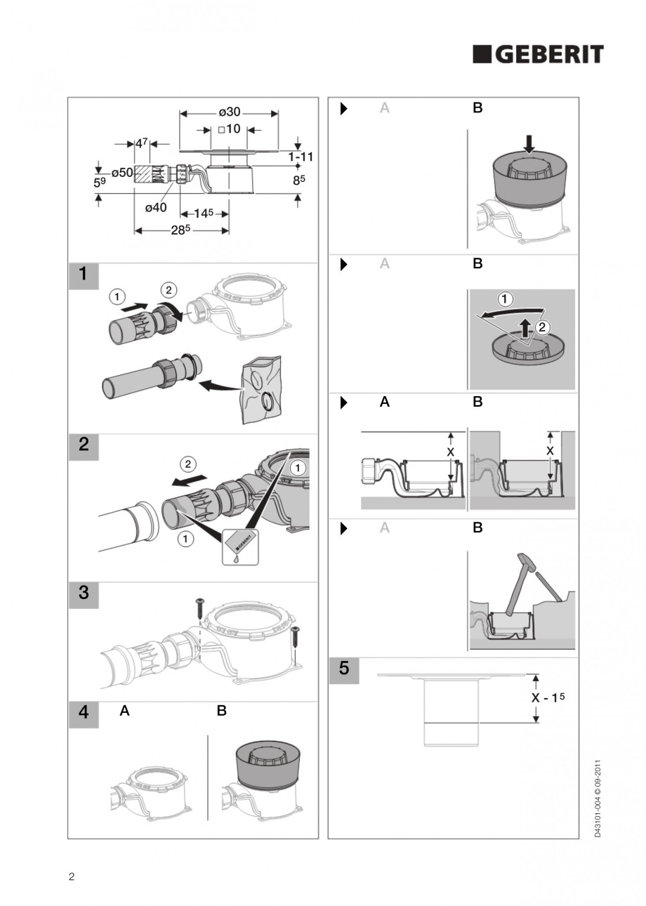Pagina 2-Sifon de pardoseala pentru dus GEBERIT Instructiuni montaj, utilizare Engleza 