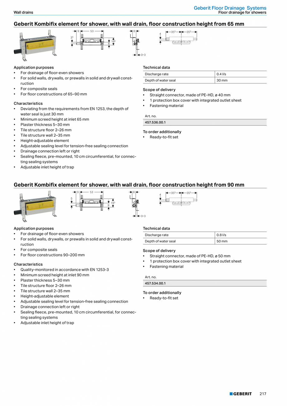 Pagina 217-Sisteme sanitare Geberit 2015-2016 GEBERIT Scurgere in pardoseala Catalog, brosura Engleza  purposes...