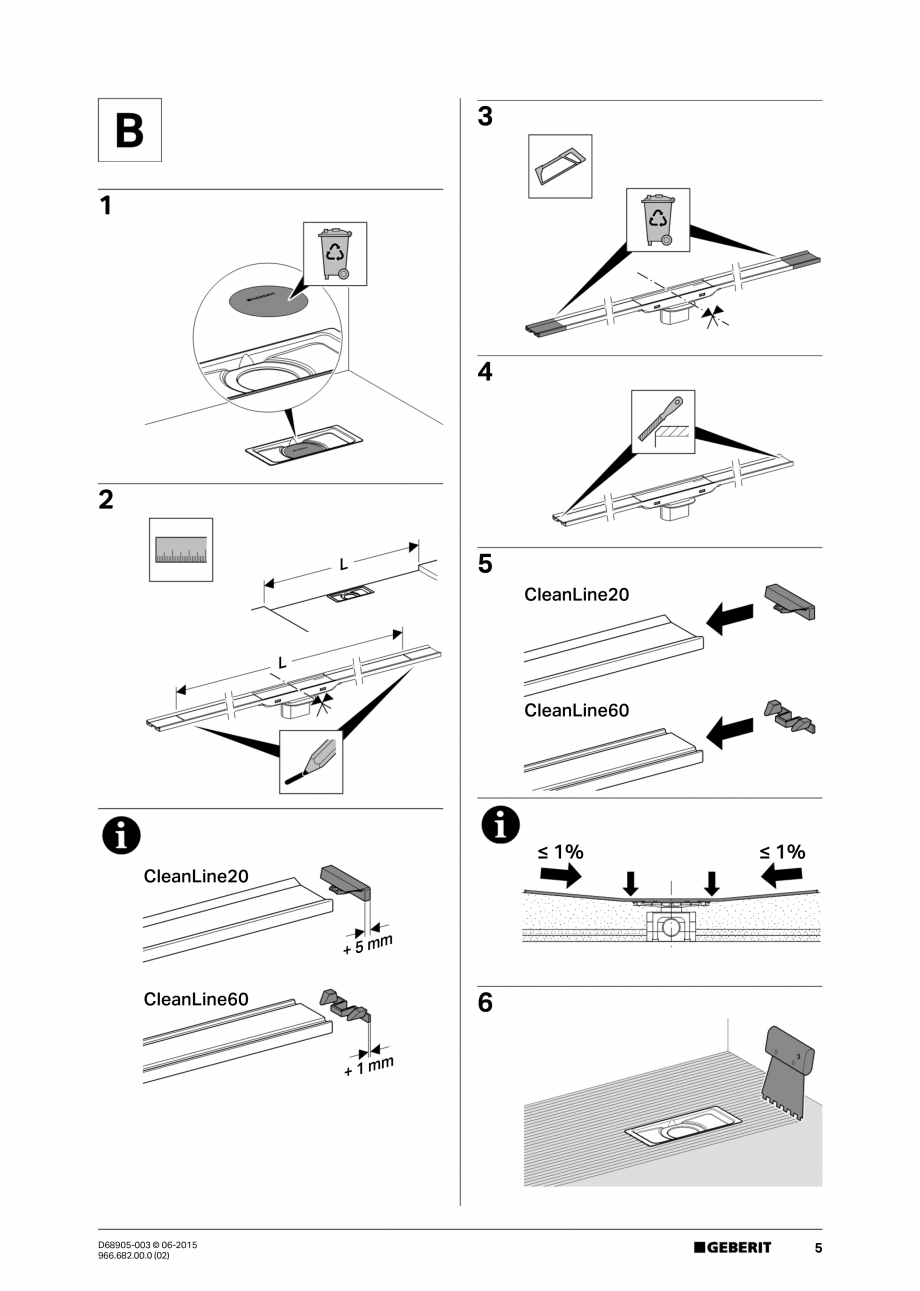 Pagina 5-Instructiuni montaj capac pentru rigole liniare pentru dusuri fara cadita  GEBERIT CleanLine...