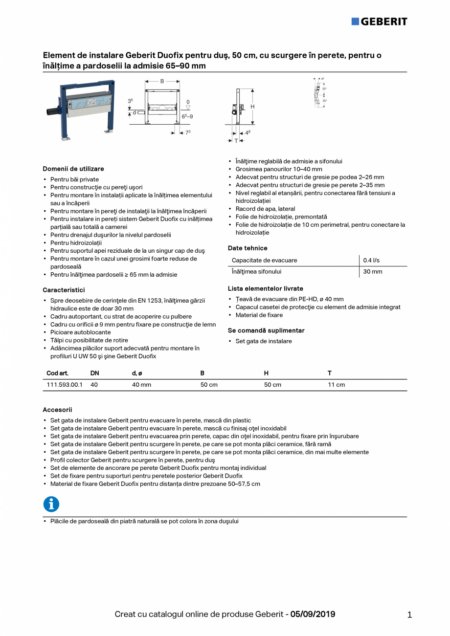 Pagina 1-Element de instalare Geberit Duofix pentru dus, 50 cm, cu scurgere in perete, pentru o inaltime a...