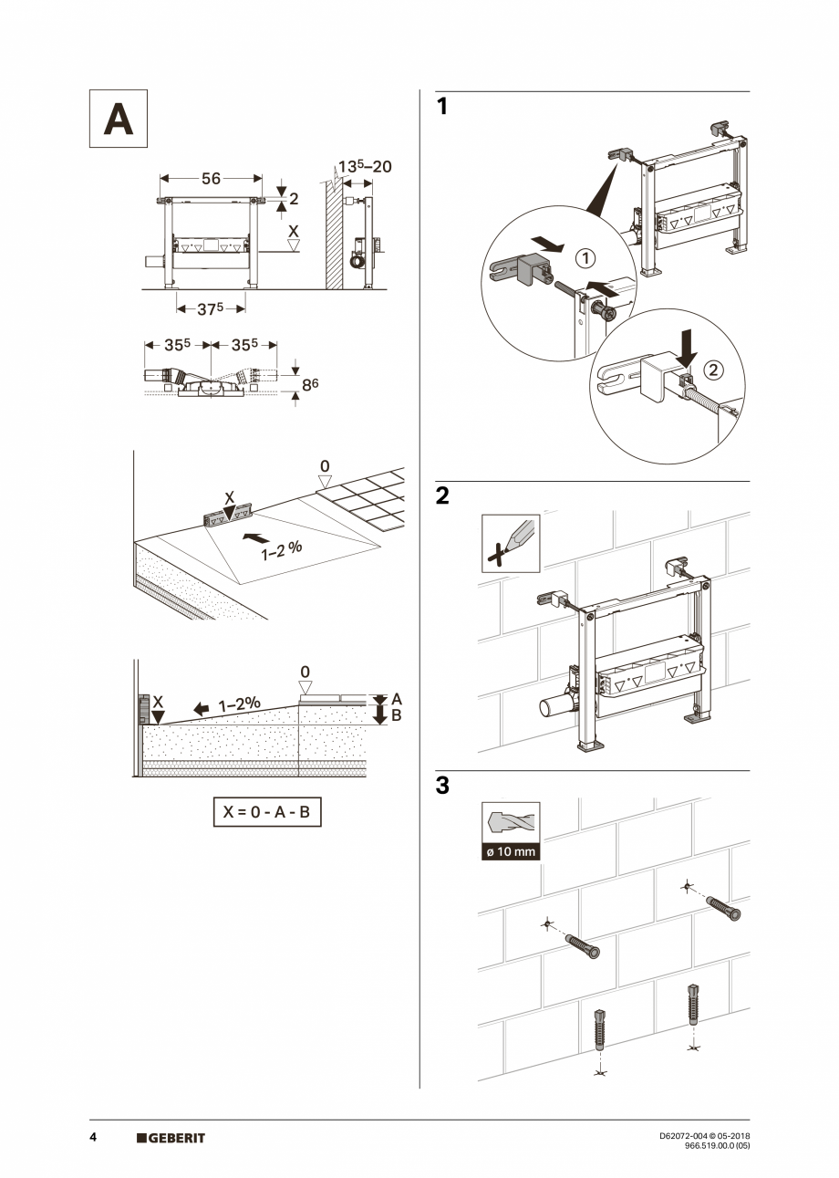 Pagina 4-Manual de instalare pentru element de instalare Geberit Duofix pentru dus, 50 cm GEBERIT Scurgere in...
