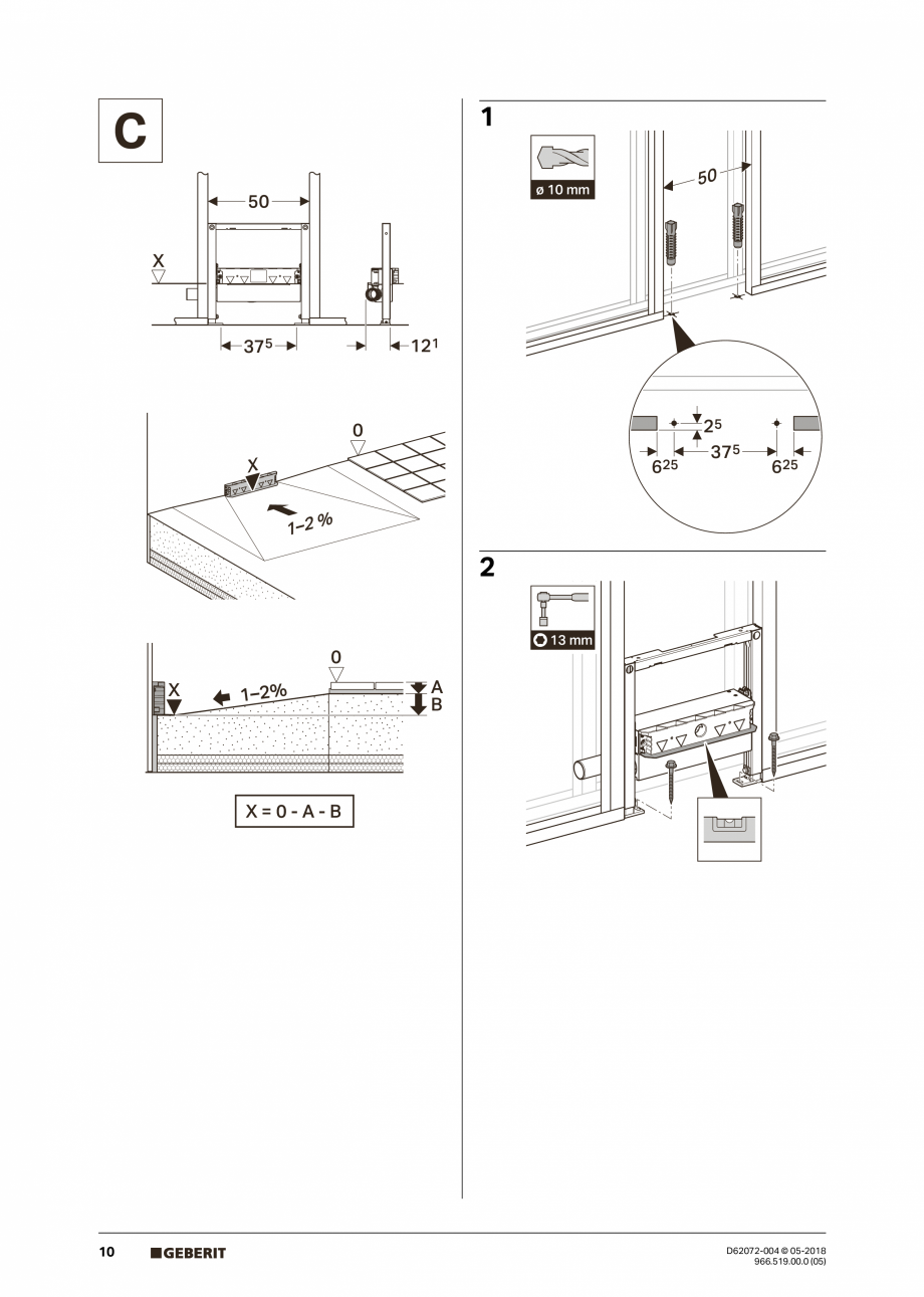 Pagina 10 - Manual de instalare pentru element de instalare Geberit Duofix pentru dus, 50 cm GEBERIT...