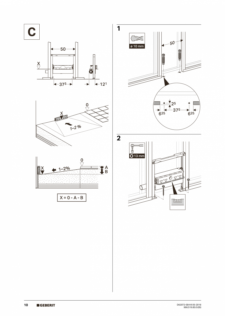 Pagina 10-Manual de instalare pentru element de instalare Geberit Duofix pentru dus, 50 cm GEBERIT Scurgere in...