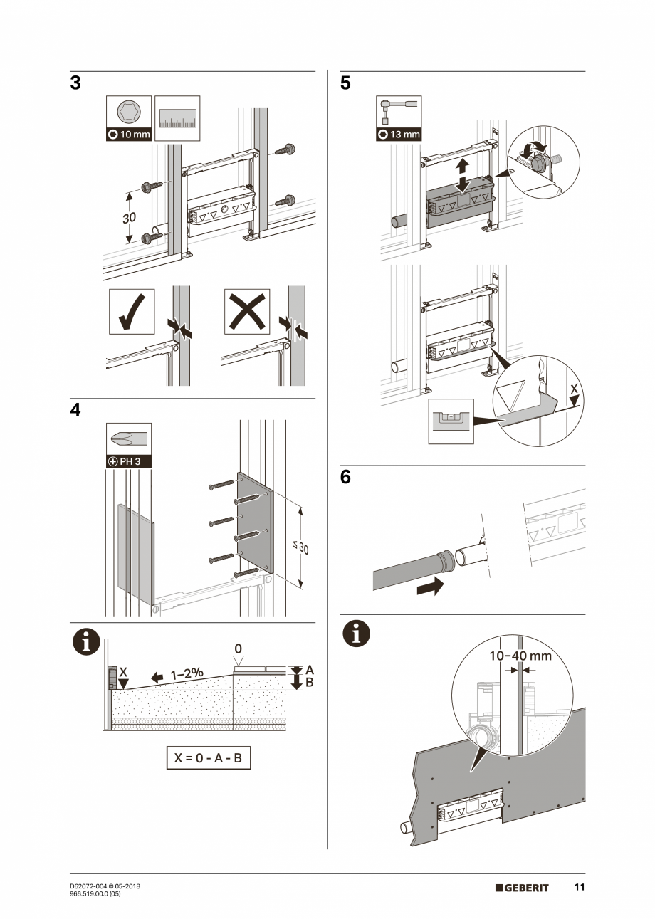Pagina 11-Manual de instalare pentru element de instalare Geberit Duofix pentru dus, 50 cm GEBERIT Scurgere in...