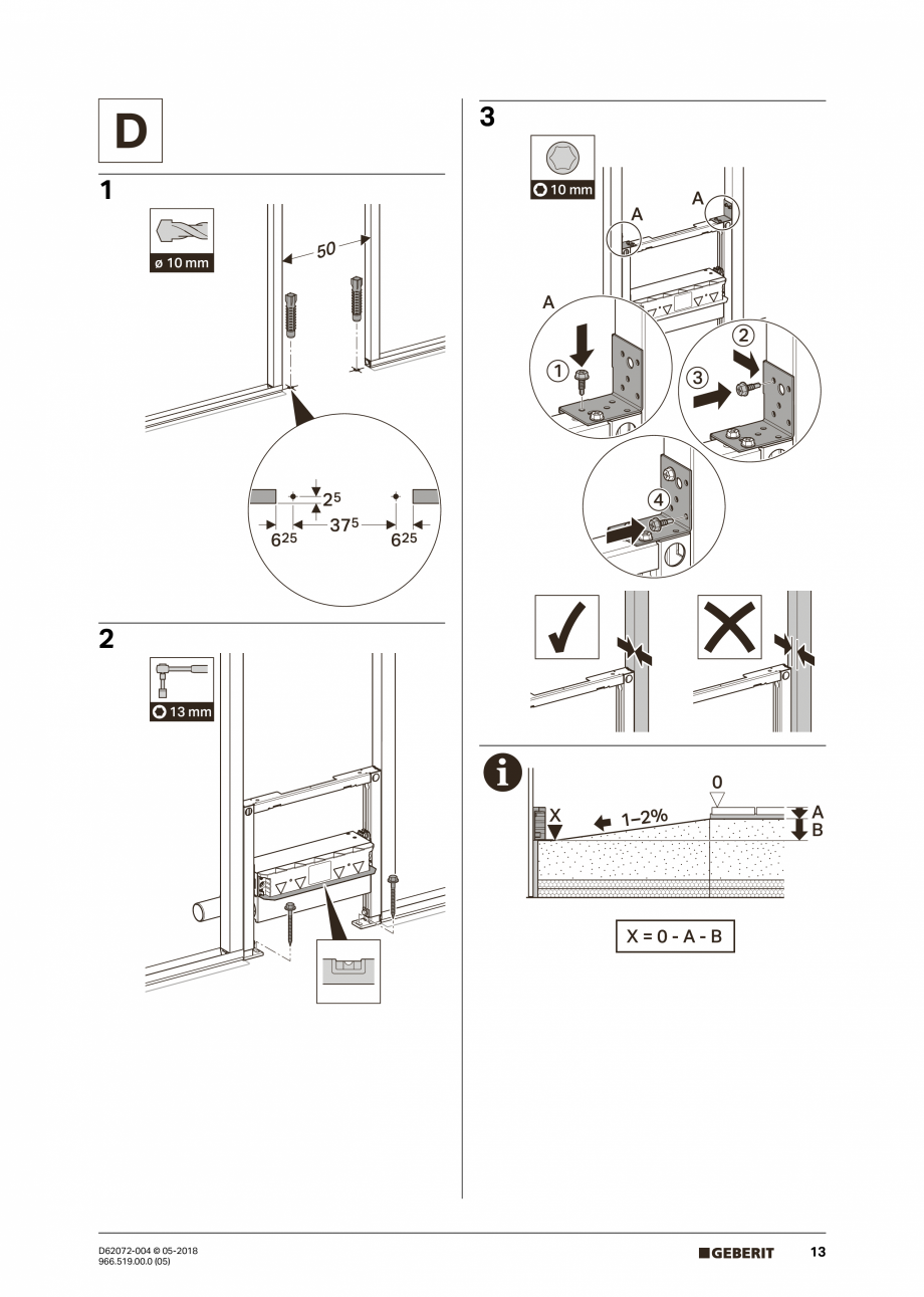 Pagina 13-Manual de instalare pentru element de instalare Geberit Duofix pentru dus, 50 cm GEBERIT Scurgere in...