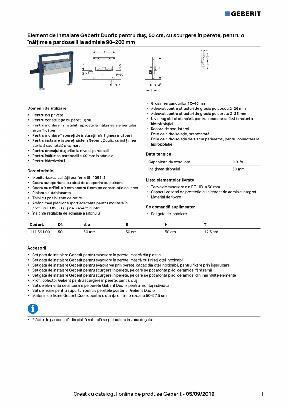 Pagina 1-Element de instalare Geberit Duofix pentru dus, 50 cm, cu scurgere in perete, pentru o inaltime a...