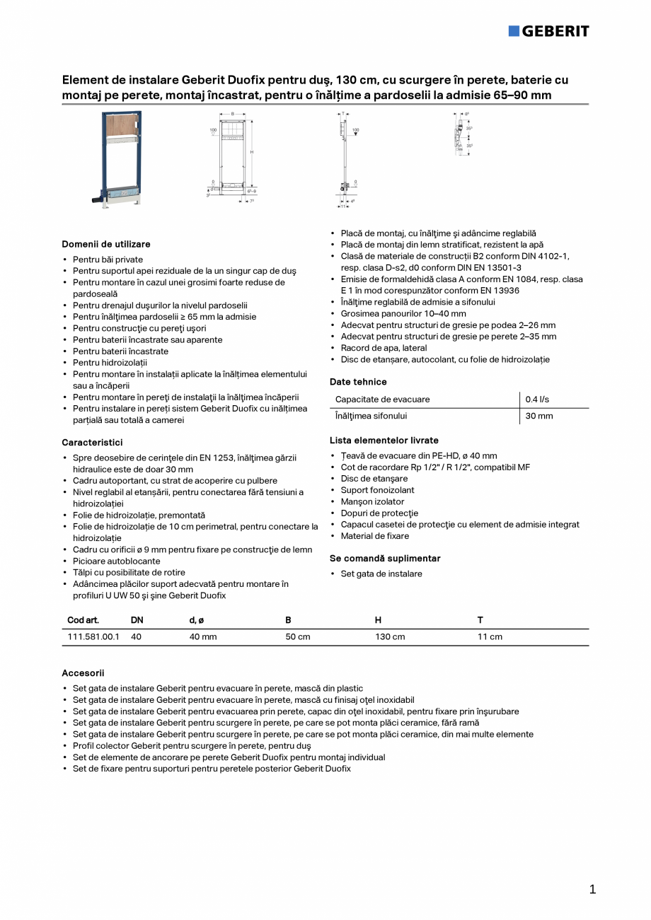 Pagina 1-Element de instalare Geberit Duofix pentru dus, 130 cm, cu scurgere in perete, baterie cu montaj pe ...