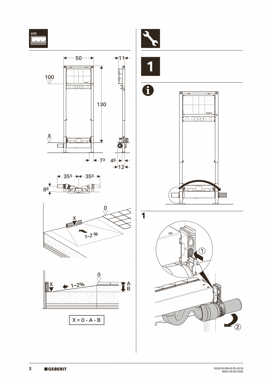 Pagina 2-Manual de instalare - pentru element de instalare Geberit Duofix pentru dus, 130 cm GEBERIT Scurgere...