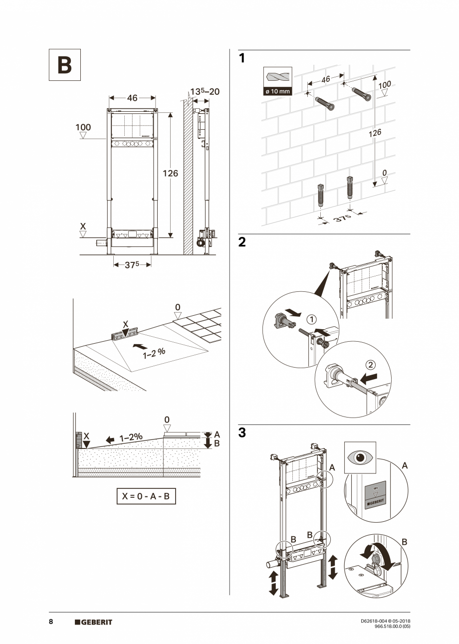 Pagina 8-Manual de instalare - pentru element de instalare Geberit Duofix pentru dus, 130 cm GEBERIT Scurgere...