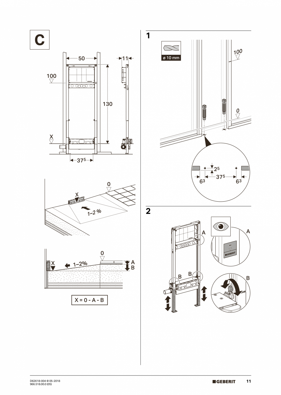 Pagina 11-Manual de instalare - pentru element de instalare Geberit Duofix pentru dus, 130 cm GEBERIT Scurgere...