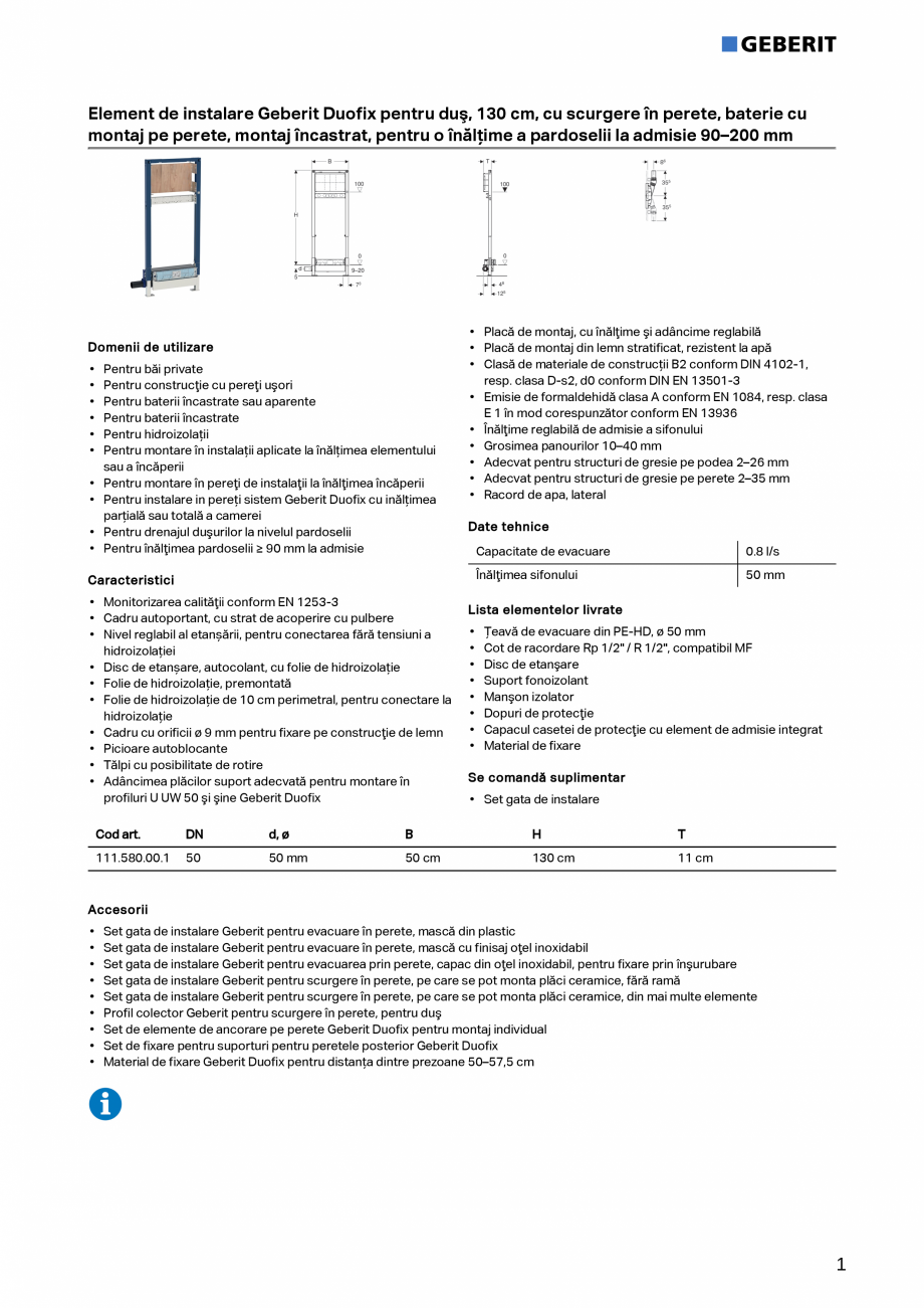 Pagina 1-Element de instalare Geberit Duofix pentru dus, 130 cm, cu scurgere in perete, baterie cu montaj pe ...