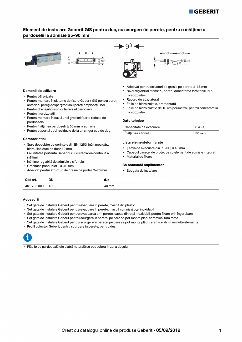 Pagina 1-Element de instalare Geberit GIS pentru dus, cu scurgere in perete, pentru o inaltime a pardoselii...