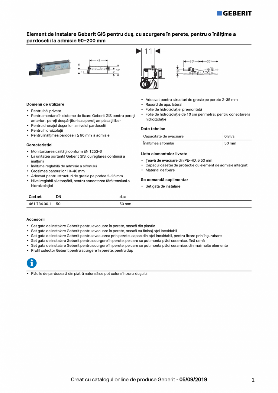 Pagina 1-Element de instalare Geberit GIS pentru dus, cu scurgere in perete, pentru o inaltime a pardoselii...