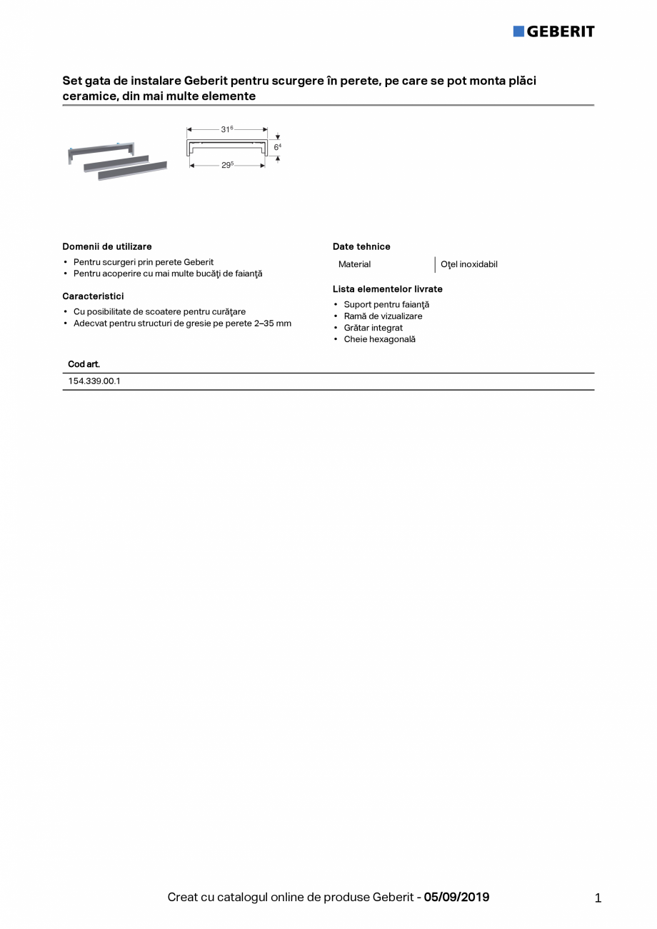 Pagina 1-Set gata de instalare Geberit pentru scurgere in perete, pe care se pot monta placi ceramice GEBERIT...
