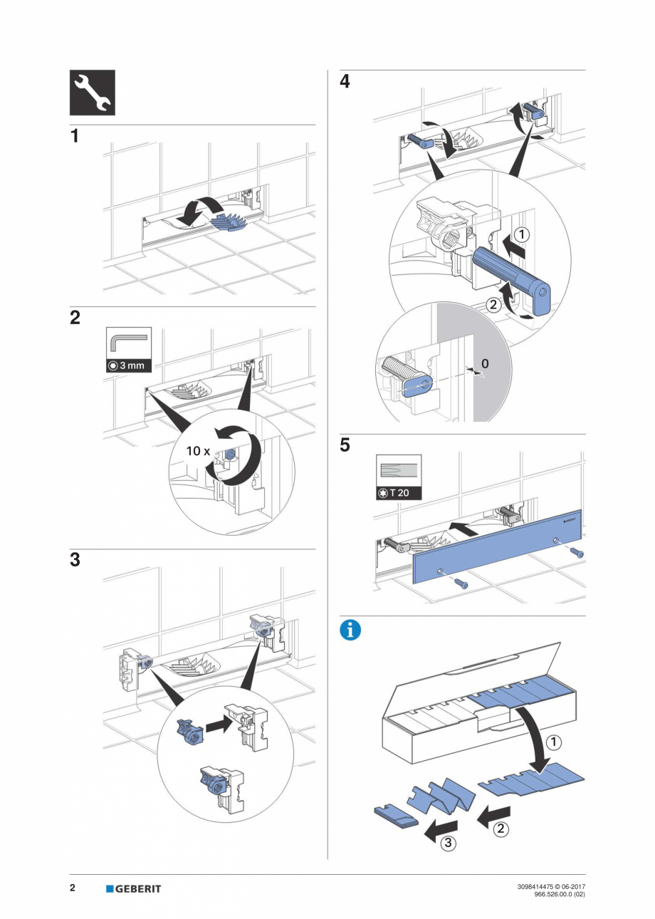 Pagina 2-Manual de instalare pentru setul gata de instalare Geberit, capac otel inoxidabil GEBERIT Scurgere...