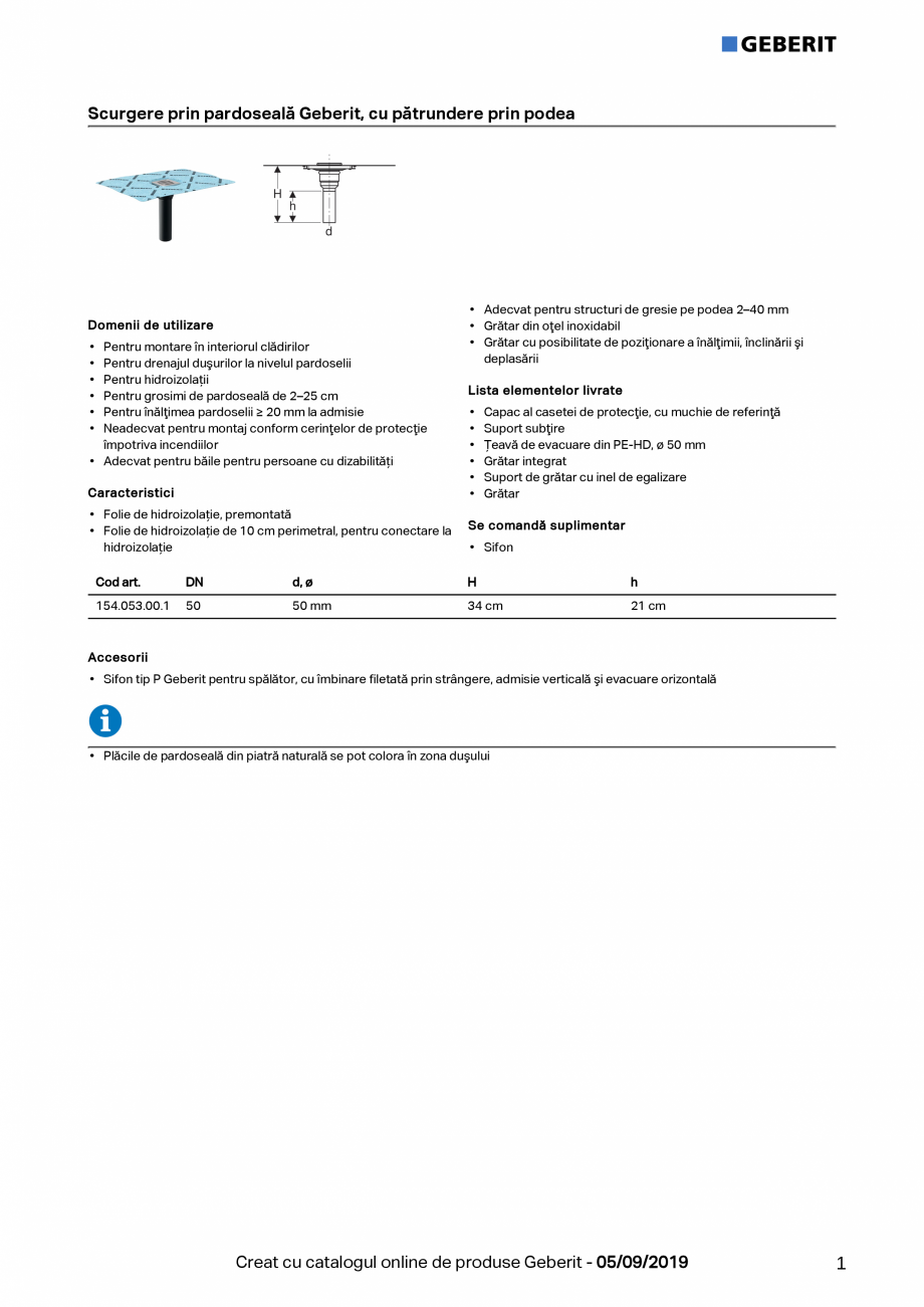 Pagina 1-Scurgere prin pardoseală Geberit, cu pătrundere prin podea GEBERIT Sifon Fisa tehnica Romana...