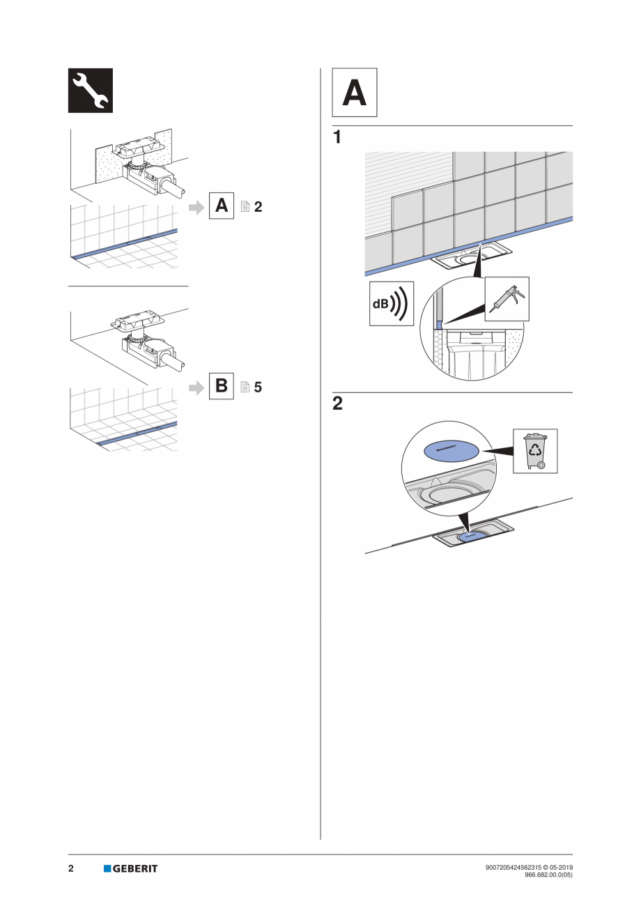 Pagina 2-Manual de instalare pentru rigola GEBERIT CleanLine Instructiuni montaj, utilizare Engleza, Germana,...