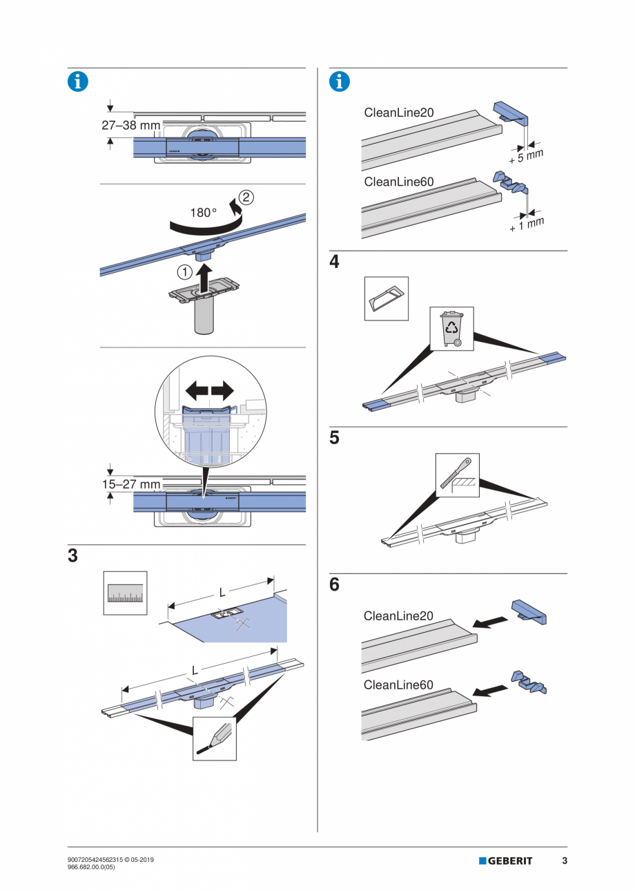 Pagina 3-Manual de instalare pentru rigola GEBERIT CleanLine Instructiuni montaj, utilizare Engleza, Germana,...
