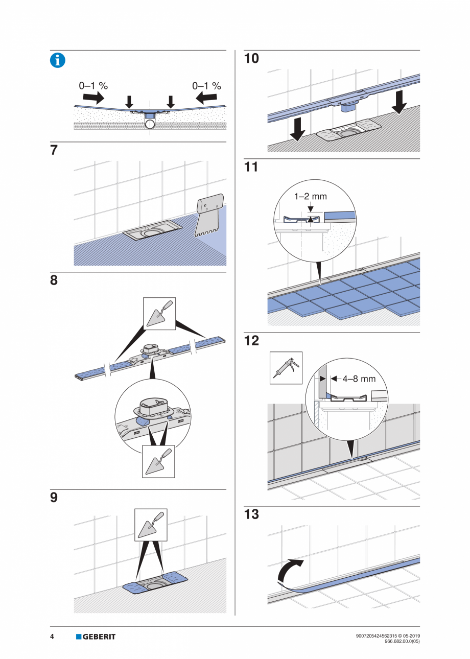 Pagina 4-Manual de instalare pentru rigola GEBERIT CleanLine Instructiuni montaj, utilizare Engleza, Germana,...