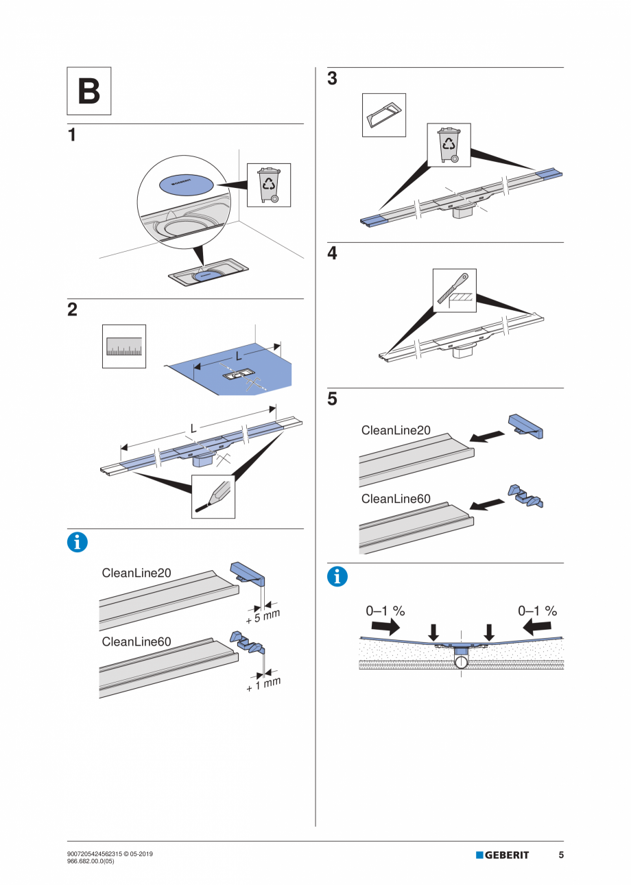 Pagina 5-Manual de instalare pentru rigola GEBERIT CleanLine Instructiuni montaj, utilizare Engleza, Germana,...