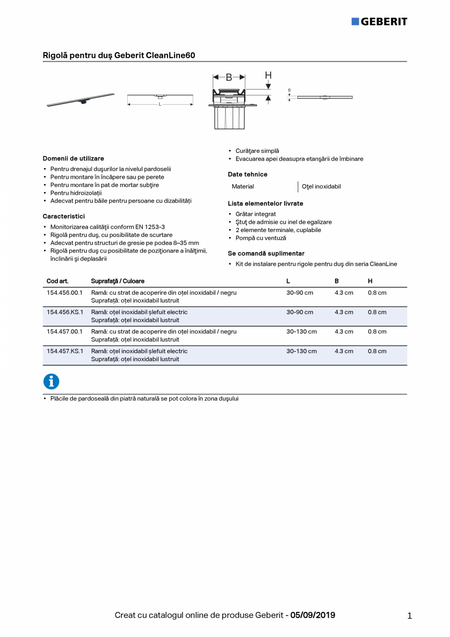 Pagina 1-Rigola pentru dus Geberit CleanLine60 GEBERIT Fisa tehnica Rigolă pentru duş Geberit CleanLine60

...