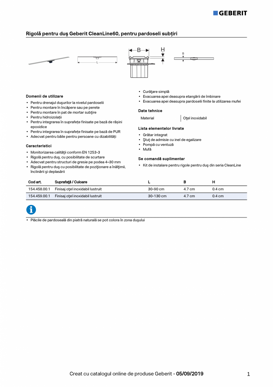 Pagina 1 - Rigola pentru dus Geberit CleanLine60, pentru pardoseli subtiri GEBERIT Fisa tehnica...