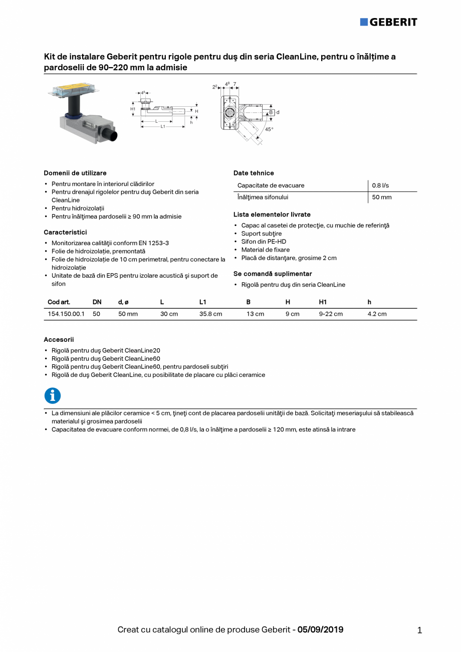 Pagina 1-Kit de instalare Geberit pentru rigole pentru dus din seria CleanLine, pentru o inaltime a...