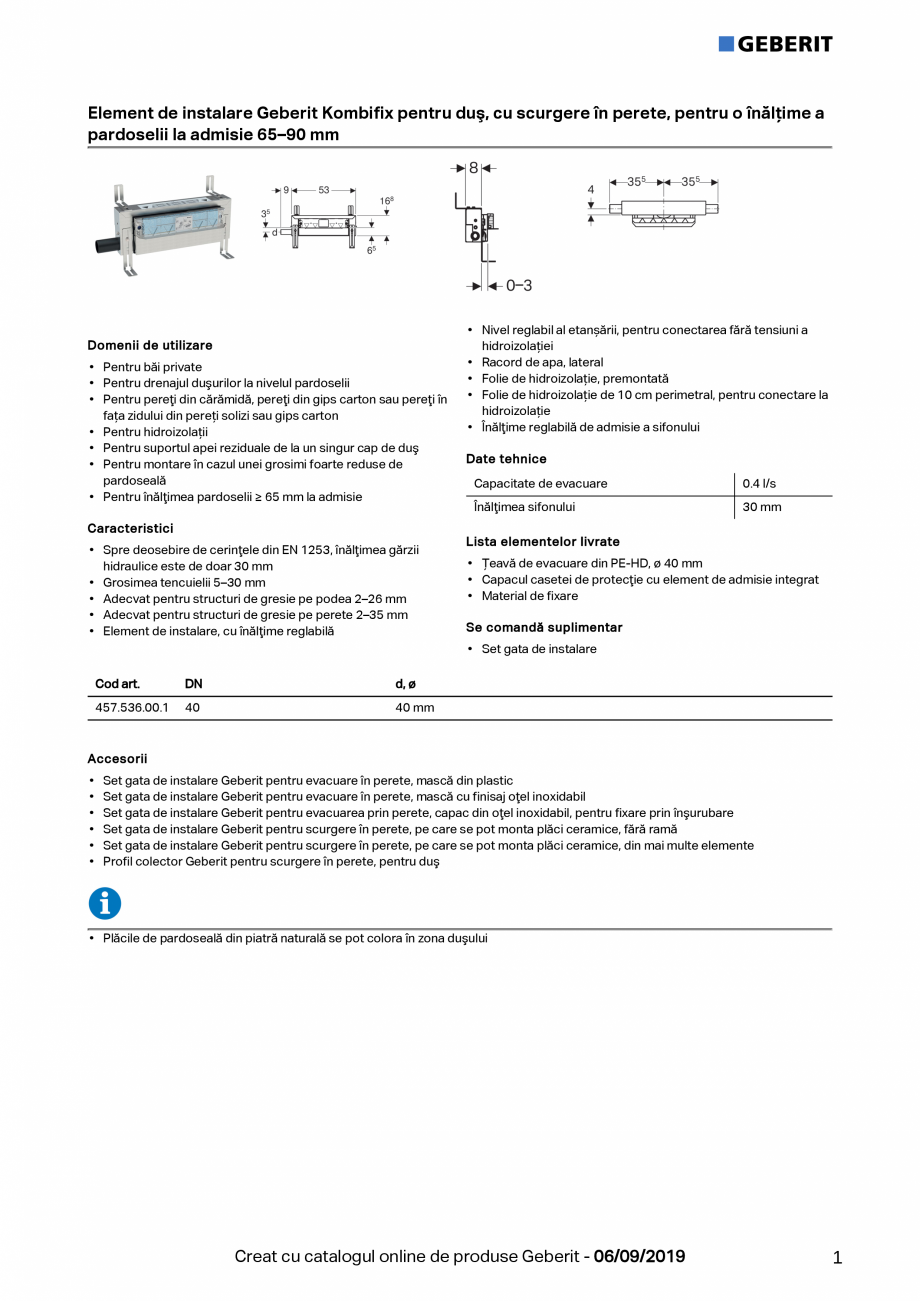 Pagina 1-Element de instalare Geberit Kombifix pentru dus, cu scurgere in perete, pentru o inaltime a...